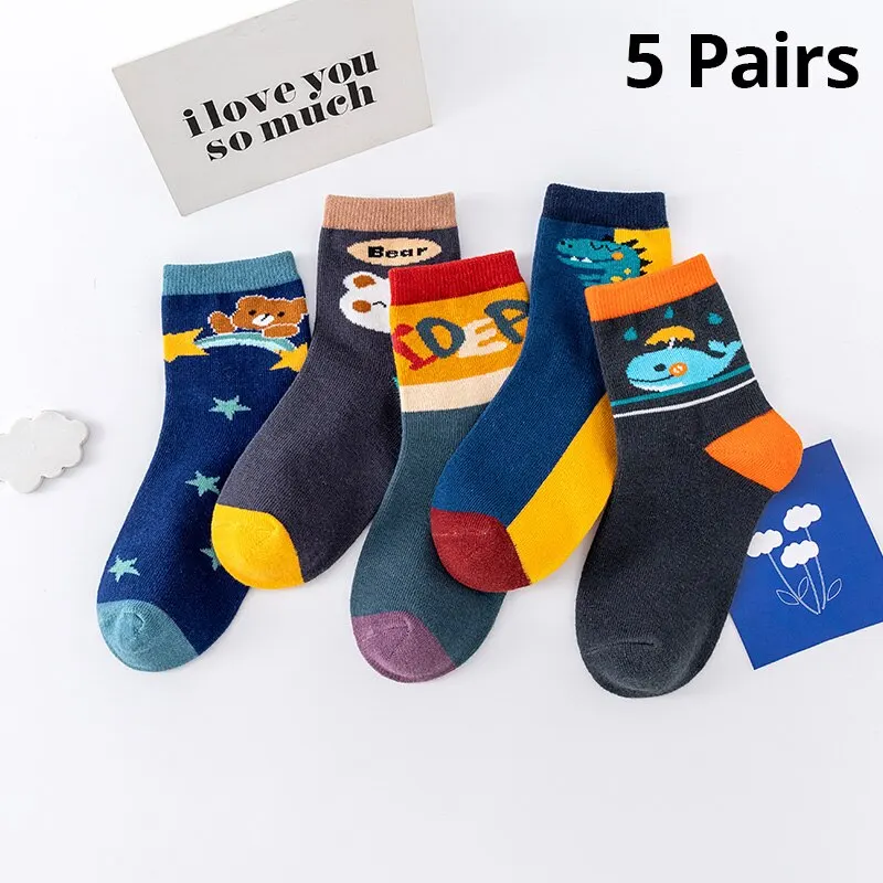 Chaussettes mi-longues Anime Cartoon pour enfants, confortables, chaudes, haute qualité, enfants, bébé, garçon, quatre saisons, 5 paires