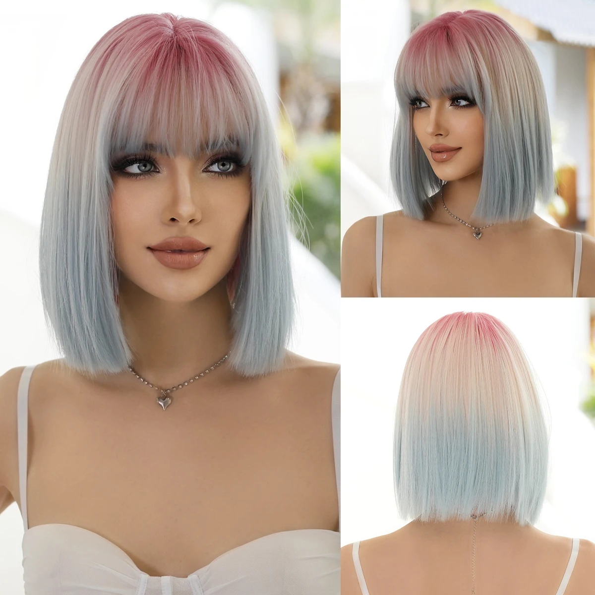 NAMM Short Straight Pink Gradient Blue Wigs With Bangs Natural Synthetic Hair Wig for Women Daily Cosplay Lolita Party Wig