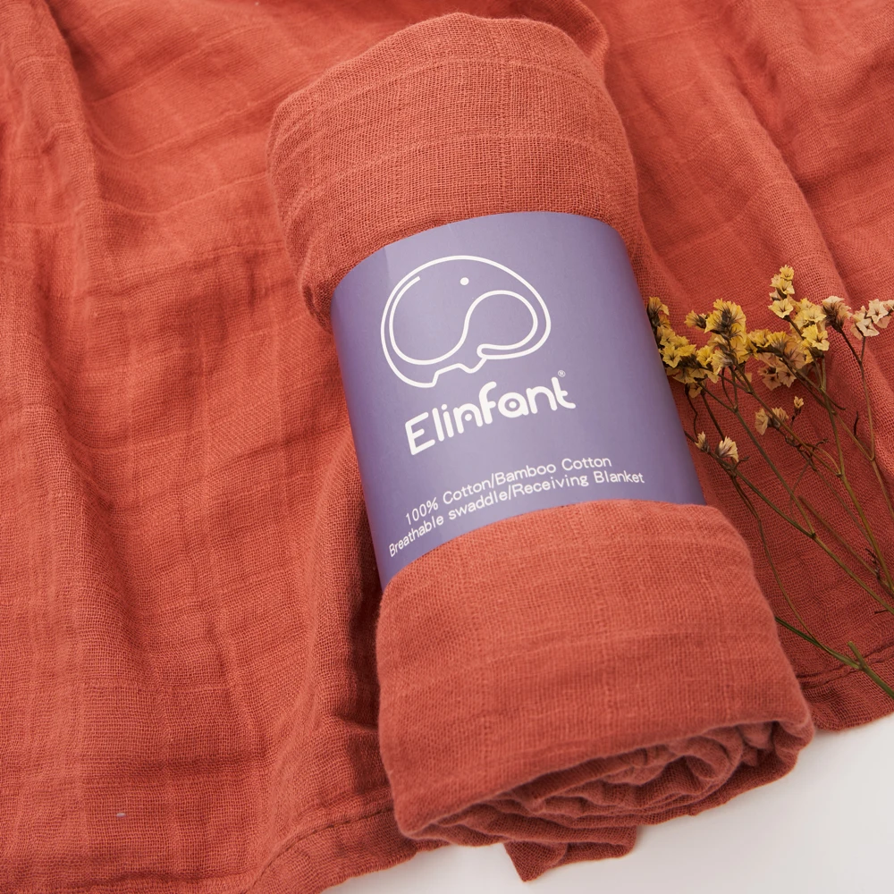 Elinfant 100% coton couleur unie 120*110 cm 2 couches nouveau-né bébé serviette de bain enveloppement mousseline couvertures d'emmaillotage en gros livraison directe