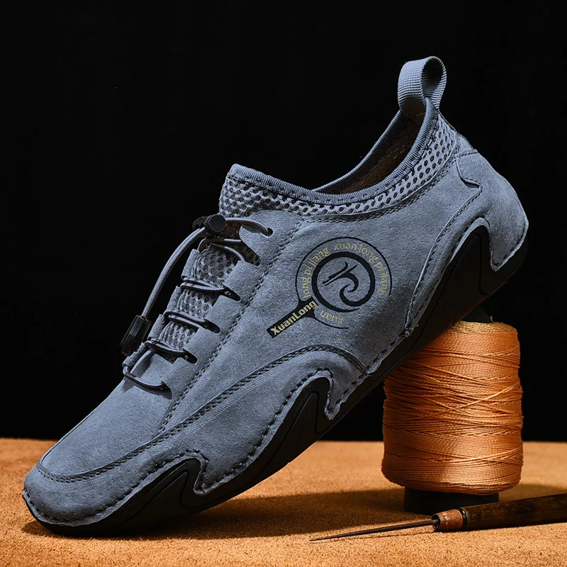 Baskets en daim élastique pour hommes, chaussures de conduite confortables, chaussures décontractées en maille souple, gris, design tendance, haute qualité, grande taille 48