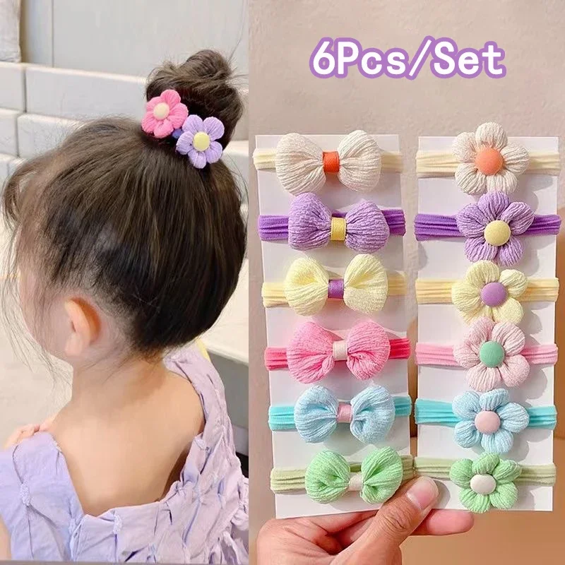 6 pièces filles mignonnes en Nylon fleur cheveux cravates bonbons élastique arc bandes de cheveux tresses cheveux corde en caoutchouc bandeau chouchous accessoires