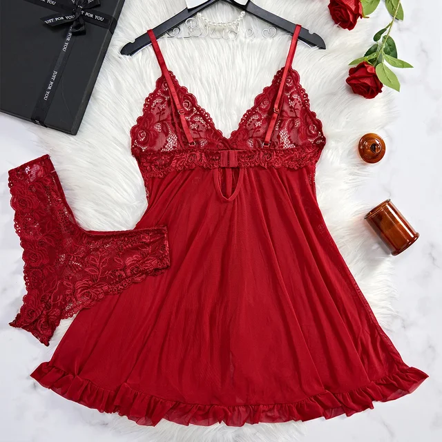 Tulle Suspenders Lace V-Neck Sleepwear Underwear Semi-transparent Night Dress Women's Lingerie Nightgowns – Image 4