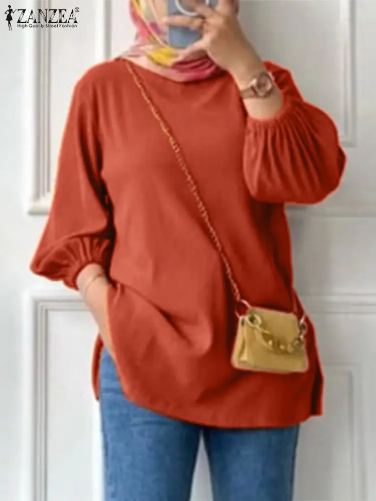 ZANZEA-Chemisier turc à manches lanternes pour femmes, chemise élégante à col rond, vêtements islamiques décontractés, mode musulmane, travail, 3/4