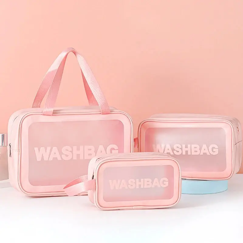 Sac de maquillage et de toilette Transparent en Pu trois pièces, sac de rangement Portable givré Semi-Transparent en Pvc de grande capacité