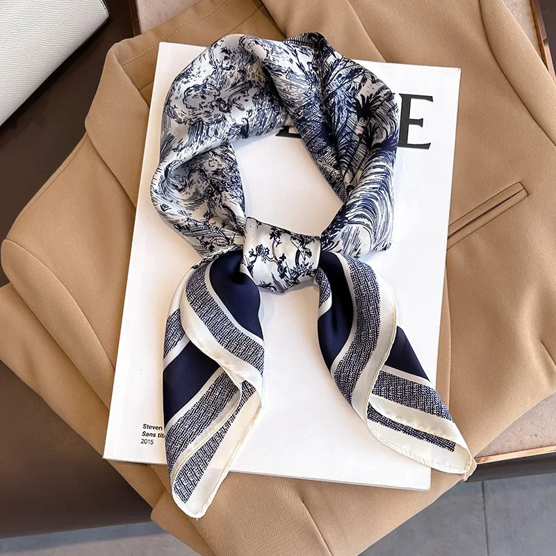 Foulard carré en soie pour femmes, Foulard de luxe imprimé Floral, bandeau en Satin doux, sac à mains, ruban, Hijab, bandeau, nouvelle collection