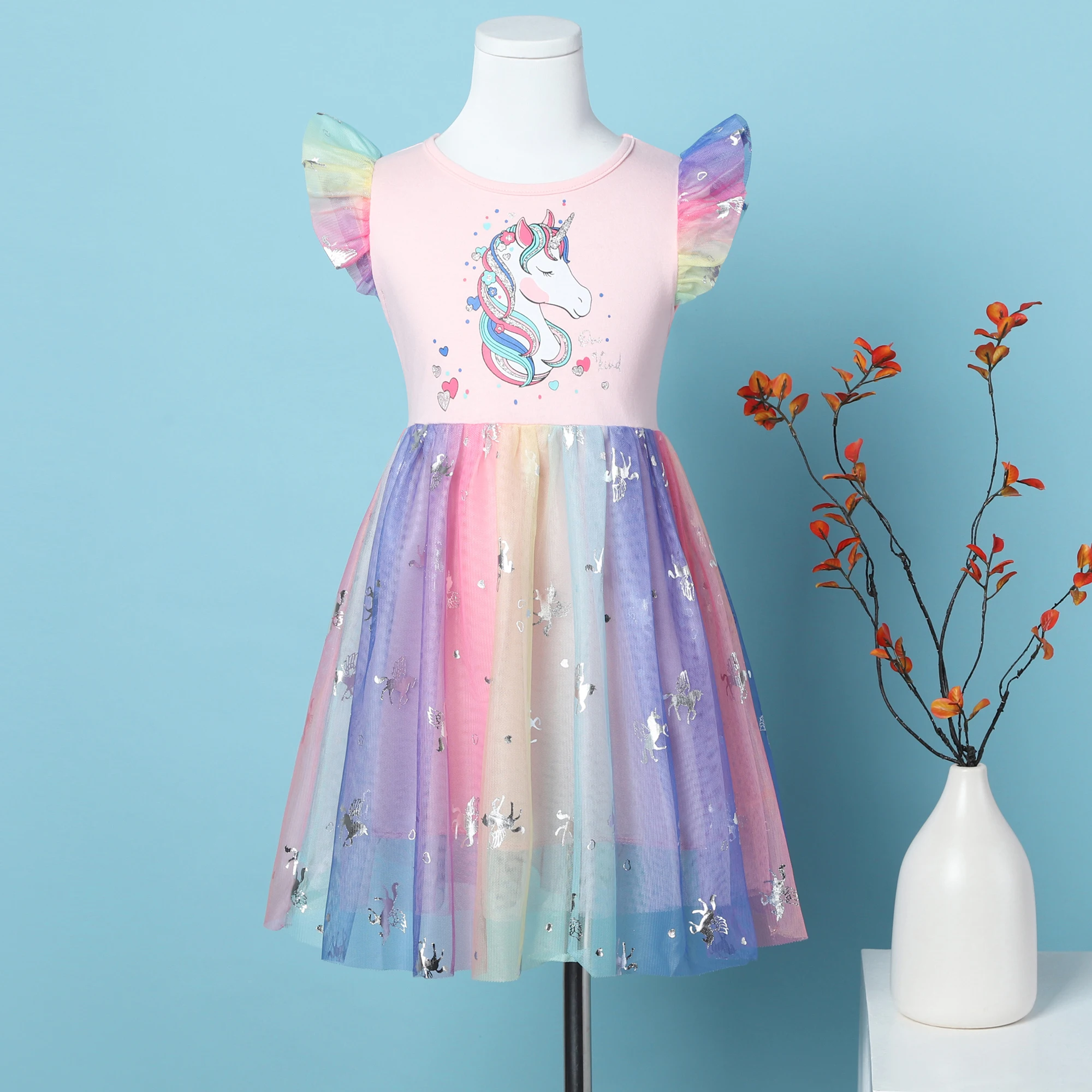 Robe d'été sans manches pour filles, imprimé licorne de dessin animé, maille arc-en-ciel, épissure, princesse, fête d'anniversaire, SH1791