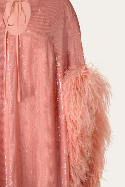 Robe de cocktail à manches longues et col rond pour femmes, paillettes kly, plumes scintillantes, perles, fente latérale haute, soirée – Image 5