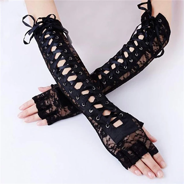 Mitaines en maille résille sans doigts pour femmes, dentelle florale sexy, longueur du coude, gants demi-doigts, ficelle noire, attaches en ruban, soirée séparés ante – Image 2