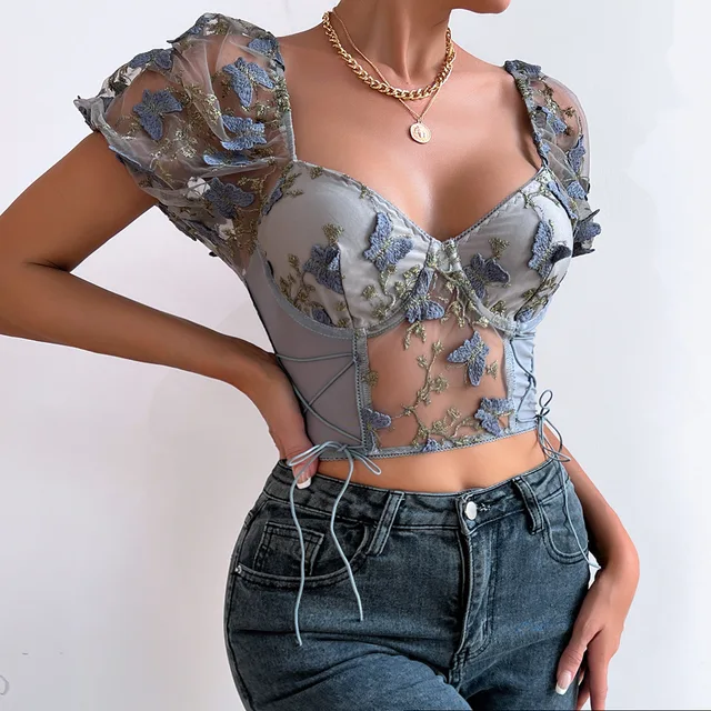 Yimunancy Floral broderie culture hauts femmes manches bouffantes froncé dos nu Boho hauts – Image 3