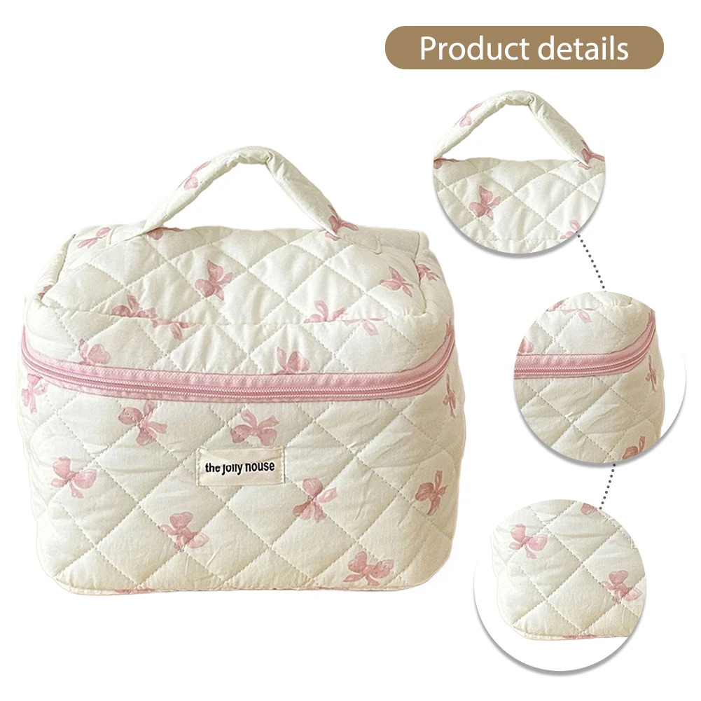 Pochette de maquillage de voyage avec nœud mignon, trousse de toilette à fermeture éclair, sac de rangement de maquillage matelassé en coton pour femmes et filles