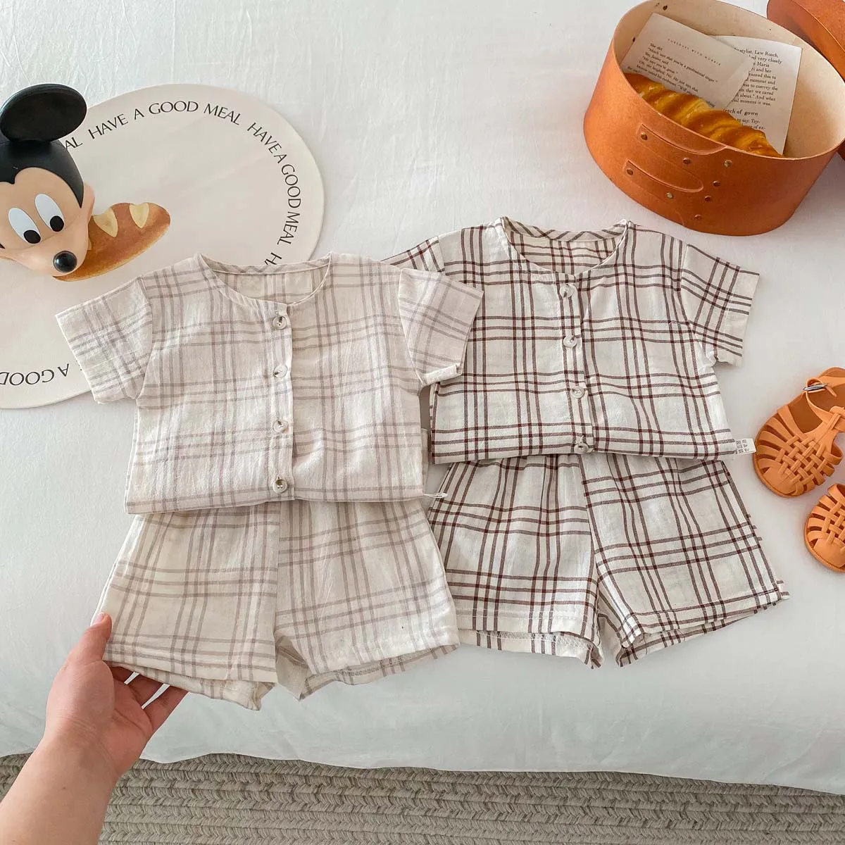 Costumes à carreaux pour bébés garçons et filles, haut à manches courtes et short, un ensemble, vêtements pour bébés de 1 à 3 ans