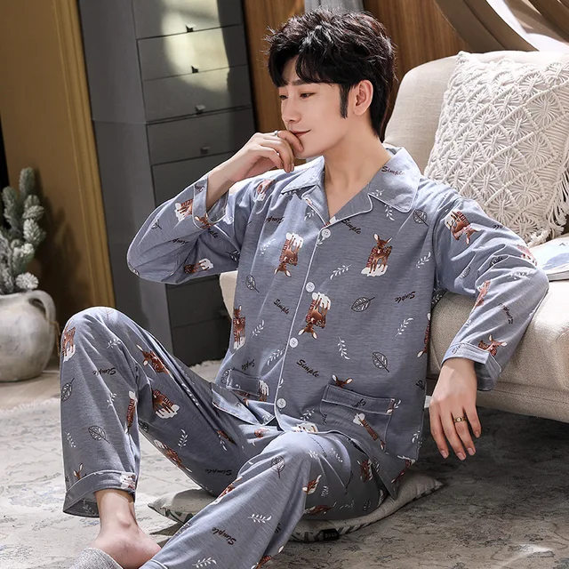 Big Size Men's Pajamas Fall and Winter Sika Deer Motif Long-Sleeved Long Pants Casual Home Wear Sleepwear 2 Piece Set Loungewear – Image 4