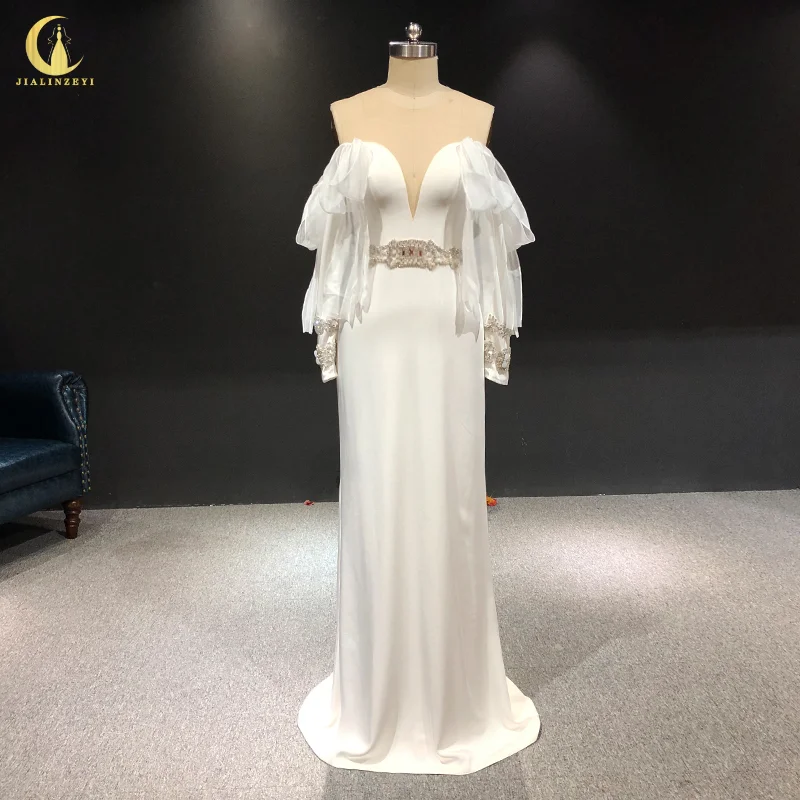 Robe de Sirène en Crêpe à Manches sulfPersonnalisée, Tenue Éducative de Mariage, 1162