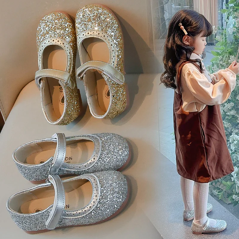 Chaussures en cuir pour enfants de 3 à 18 ans, chaussures de Performance souples à paillettes pour filles, plates et antidérapantes dorées, simples, printemps-automne