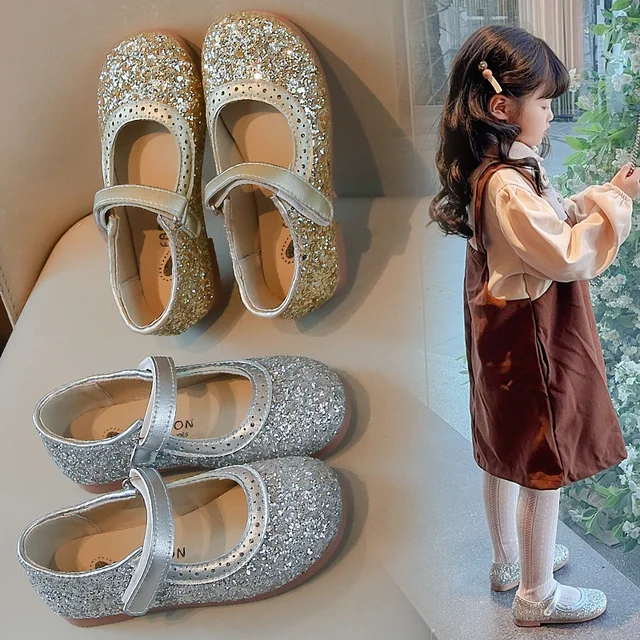 Chaussures en cuir pour enfants de 3 à 18 ans, chaussures de Performance souples à paillettes pour filles, plates et antidérapantes dorées, simples, printemps-automne