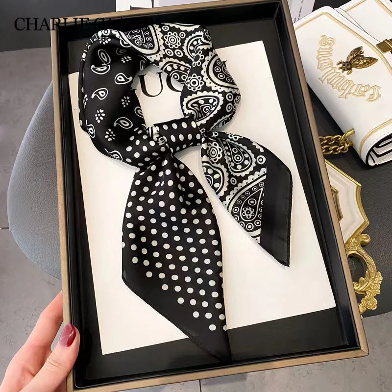 Écharpe carrée à pois rétro pour femmes, écharpes à imprimé cachemire, écharpes de la présidence féminine, foulard de sauna, châle, hijabs, bandana, noir, blanc