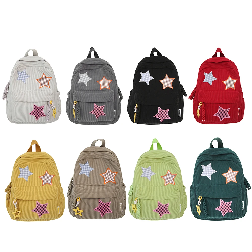 Sac à dos étoile en velours côtelé de grande capacité pour femme, sac à livres Kawaii, cartable d'école pour les voyages en plein air sur le campus