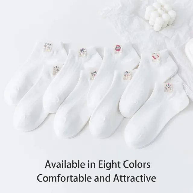 8 paires de chaussettes quatre saisons blanches simples pour femmes, couleur unie, chat de dessin animé, à la mode, douces et mignonnes, confortables, printemps et été – Image 2
