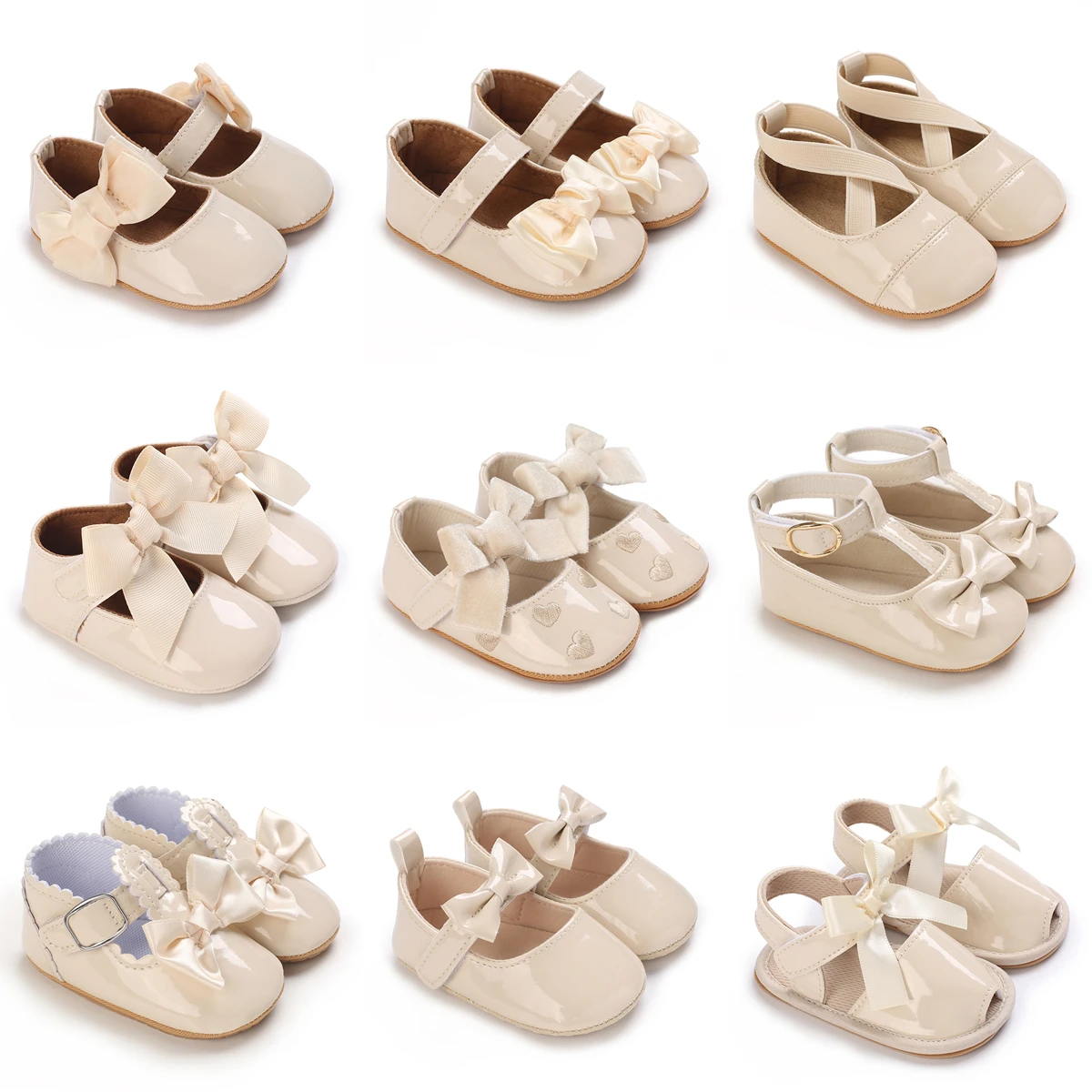 Chaussures de princesse abricot douces et douces pour nouveau-né fille de 0 à 1 an, avec nœud et semelle adhésive, chaussures de marche antidérapantes pour l'extérieur