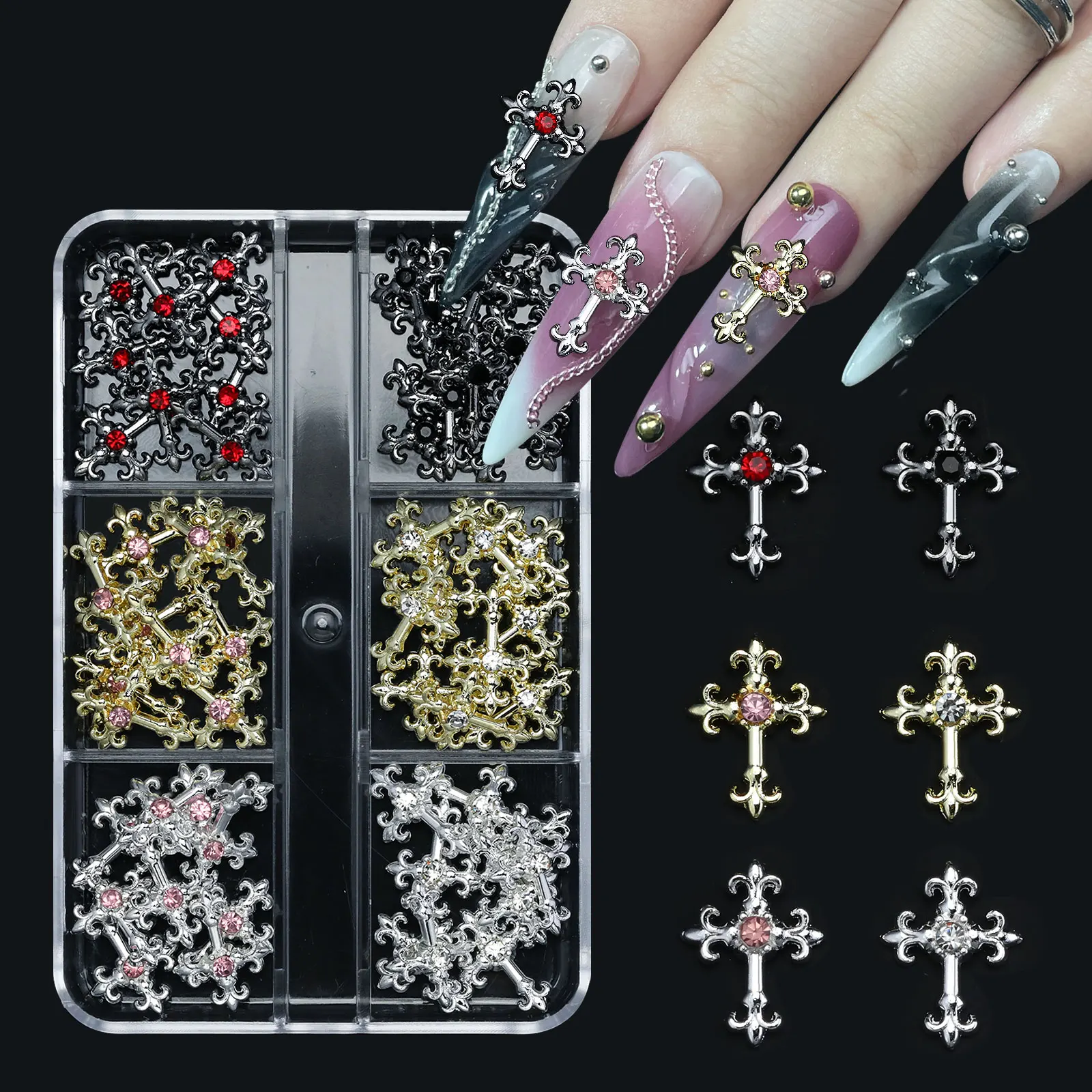 Strass en alliage rétro intégrés en zircon pour nail art, croix 3d Y2K, style gothique punk en métal, accessoires pour ongles, breloque à faire soi-même, décoration d'ongles