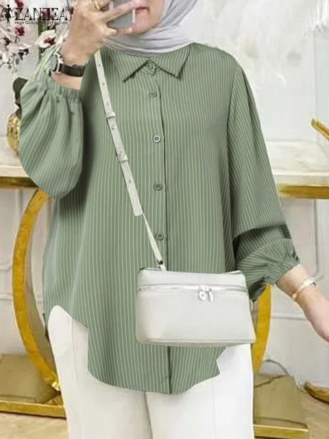 ZANZEA femmes mode musulmane chemises rayées Hijab islamique à manches longues revers cou ourlet arrondi Camisas automne 2024 Blouses boutonnées – Image 2
