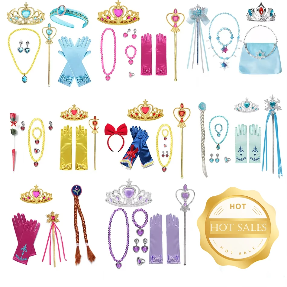 Robe de princesse pour filles, accessoires, gants, baguette, couronne, ensemble de bijoux, perruque de princesse tressée, Costume, accessoires de Cosplay