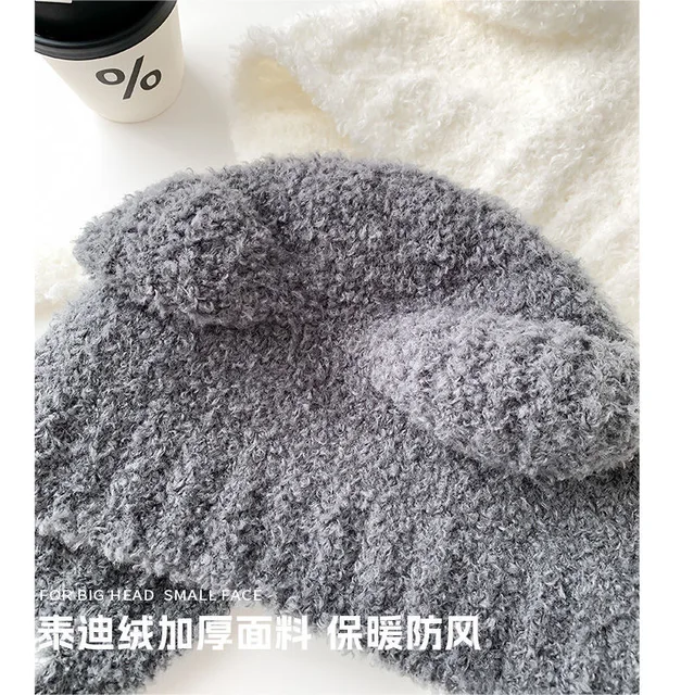Bonnets en peluche d'hiver mignon ours oreille laine chapeau chaud à lacets Protection des oreilles tricoté Bomber casquette Bonnets tricot corée femmes Gorros – Image 3