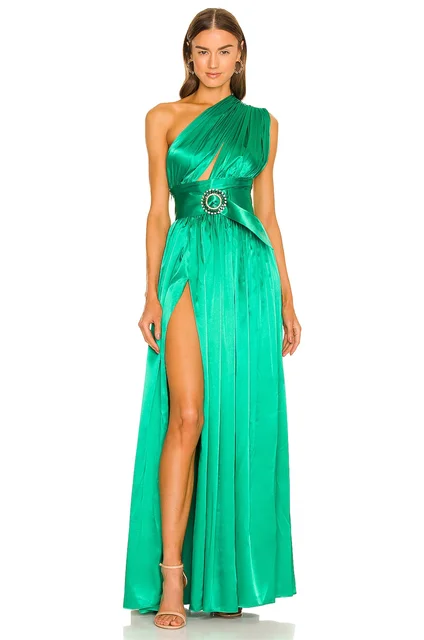 Robe de Soirée en Satin Vert Plissé pour Femme, Tenue de Bal Formelle, Fendue sur le Côté, Longueur au Sol – Image 2