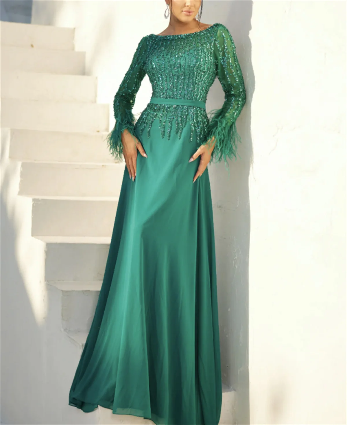 Robe trompent sirène pour la mère de la mariée, élégante, sexy, col rond, longueur au sol, paillettes, dentelle commandée, mousseline de soie, appliques à manches longues