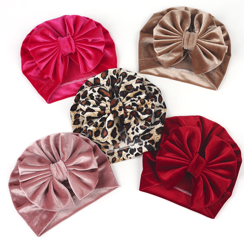 Turban en velours imprimé léopard pour nouveau-né, grand nœud de cheveux, couvre-chef pour bébé fille, hiver, automne, chapeau chaud pour enfants, Bonnet Donut