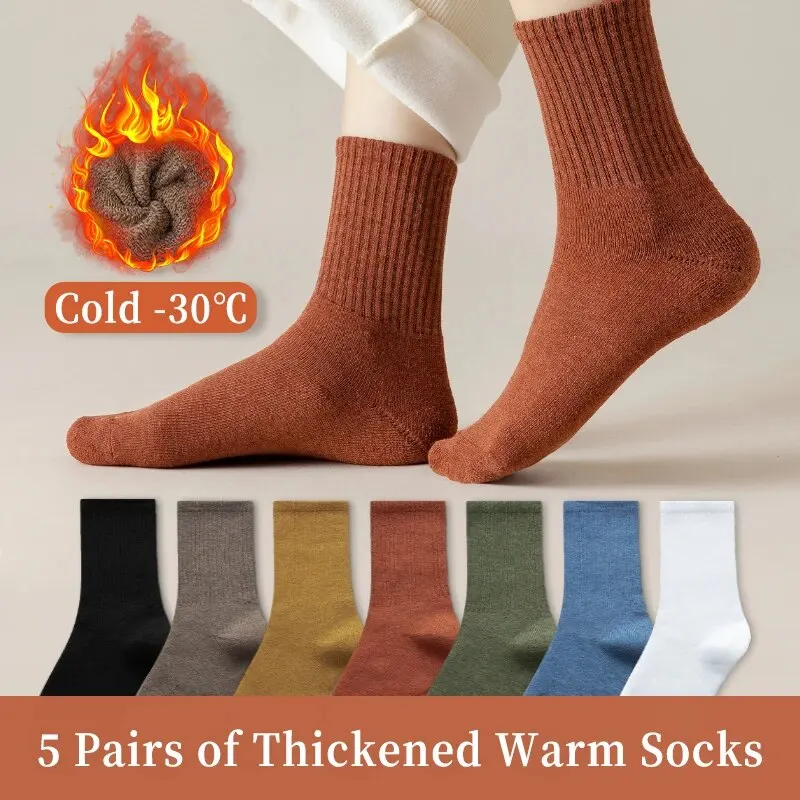 Chaussettes mi-tube confortables en peluche pour femmes, optique simple, chaud, mode, document solide, sourire, automne, hiver, 5 paires