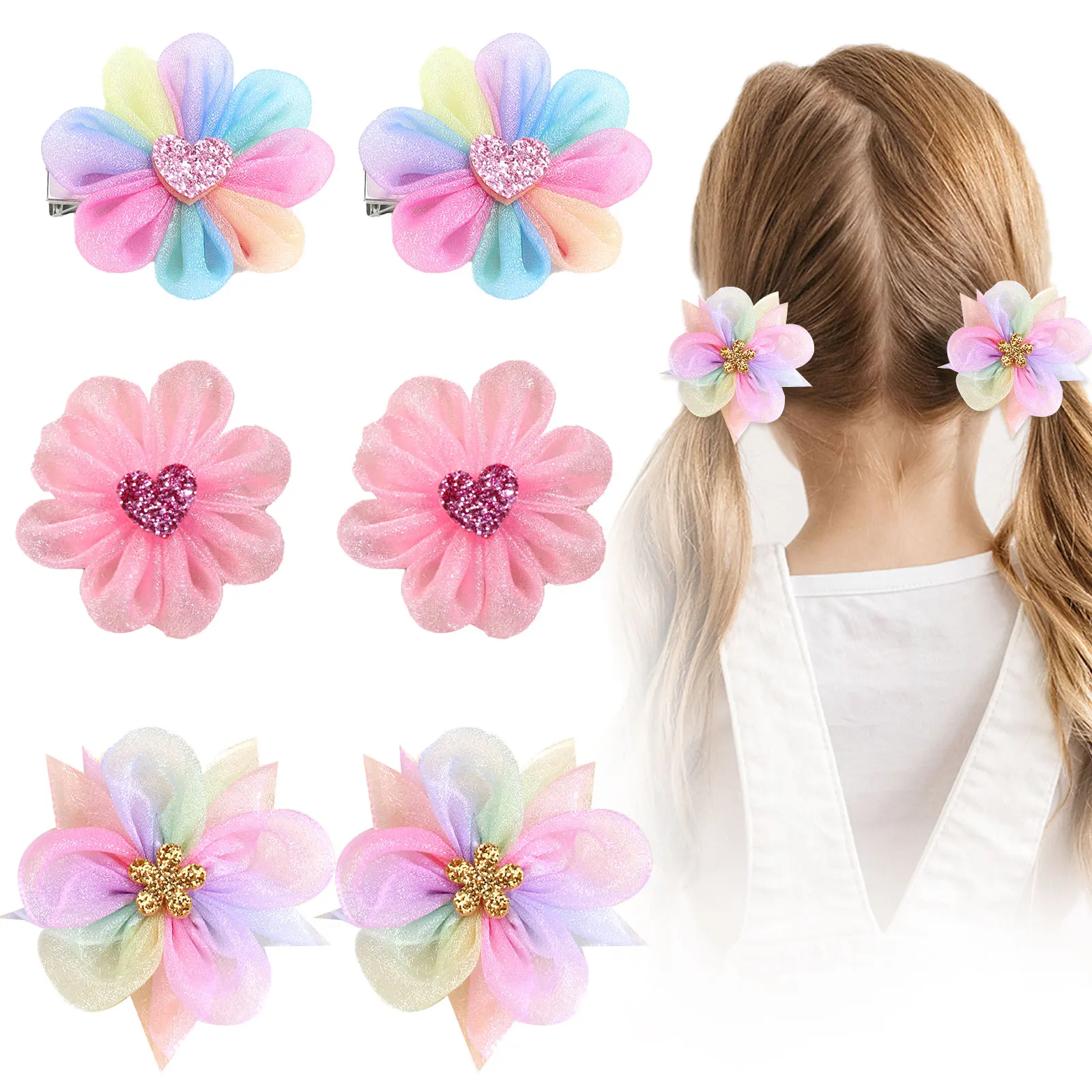 Pinces à cheveux en forme de fleur arc-en-ciel pour filles, épingles à cheveux à paillettes, Barrettes mignonnes pour enfants, Boutique, accessoires pour cheveux, cadeau, 2 pièces/ensemble