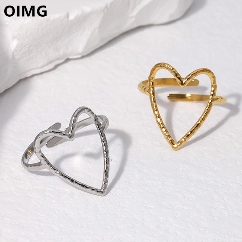 OIMG 316L acier inoxydable or argent couleur Simple Punk grand coeur creux géométrique réglable anneau ouvert pour femmes hommes Couple