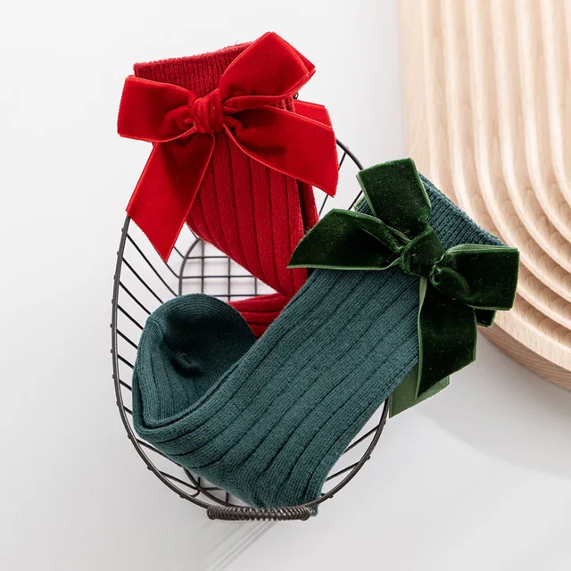 Chaussettes de noël pour bébés filles, automne hiver, tout-petits, grand nœud, hauteur des genoux, longues, en coton doux, rouge, pour nouveau-nés de 0 à 5 ans – Image 2
