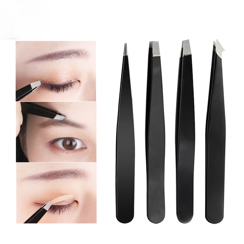 CNKESS-Pincettes d'épilation en acier inoxydable, pinces à épiler, pointe inclinée, visage inoffensif, maquillage, outil de beauté, rose, noir