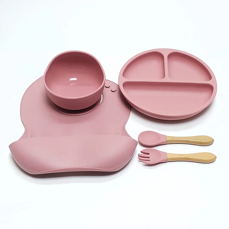 Ensemble d'assiettes à dîner en Silicone pour enfants, 5 pièces, forte aspiration, Anti-chute, bol d'entraînement à l'alimentation, fourchette cuillère, vaisselle d'alimentation