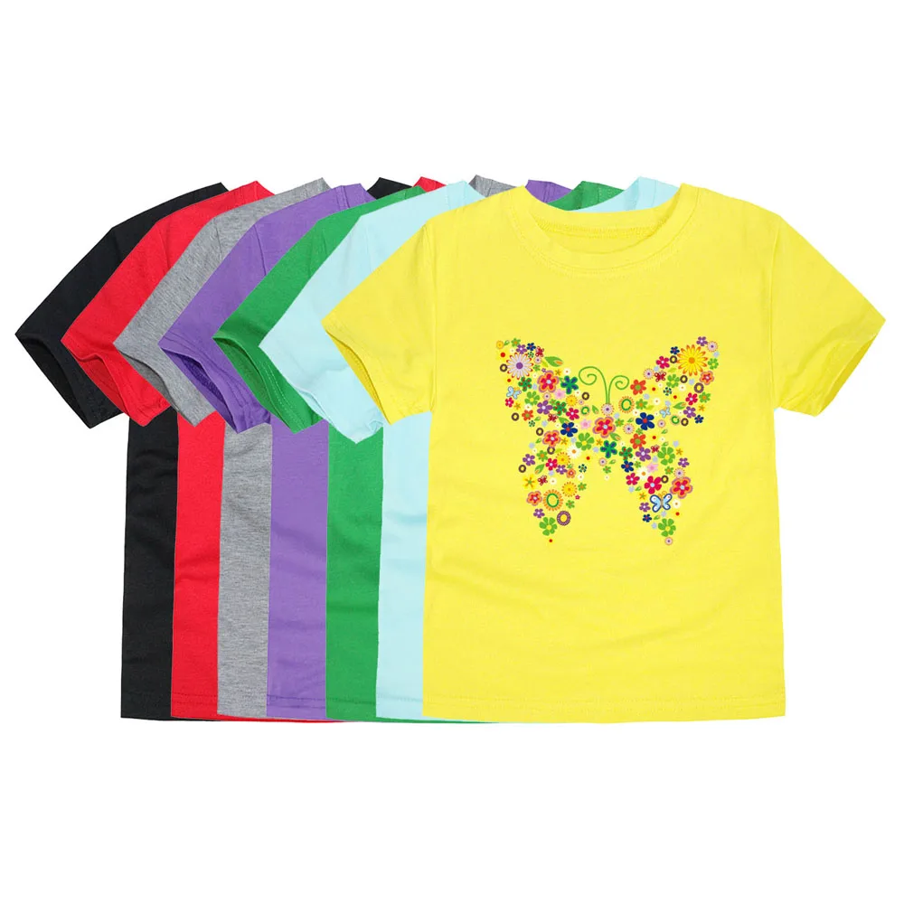 T-shirt fleur papillon pour filles de 2 à 3 4 5 6 7 8 9 10 11 12 ans, vêtements d'été 100% coton, t-shirts jaune violet