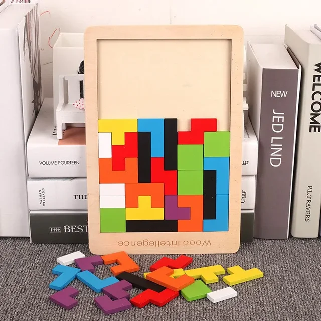 Ensemble de blocs de puzzle en bois, casse-tête, jouet Tangram, intelligence, blocs russes 3D colorés, Montessori dos, 1 ensemble – Image 2
