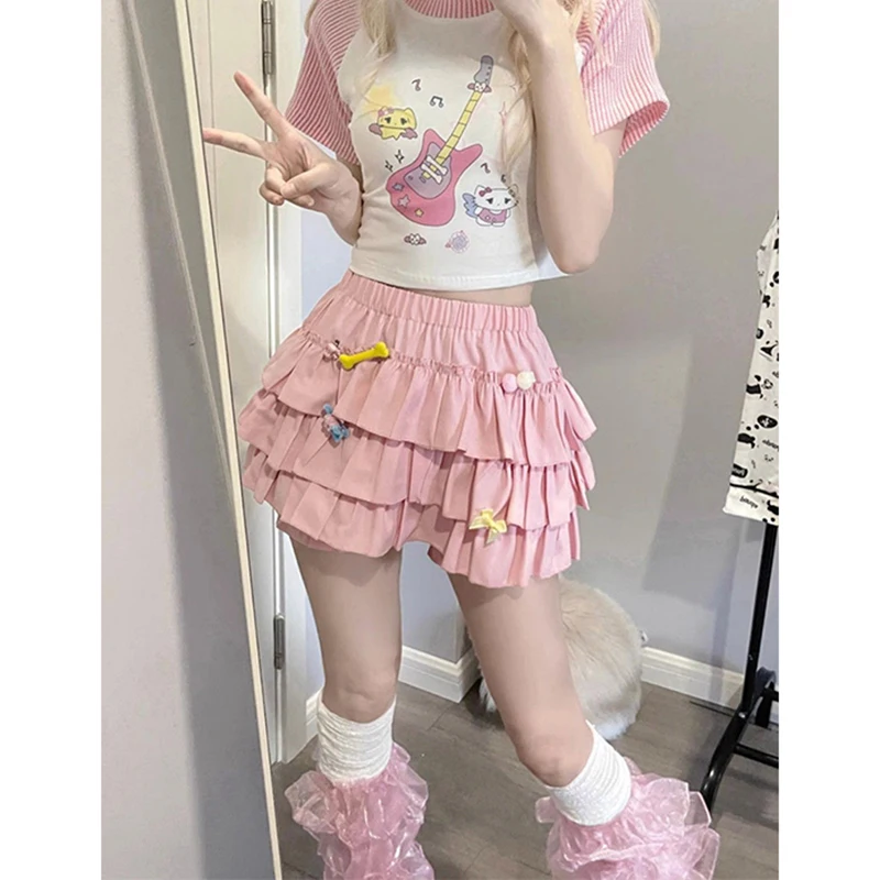 MEXZT Y2K doux volants Mini jupe femmes Kawaii Lolita nœud une ligne jupes Harajuku japonais taille haute rose blanc robe de bal jupe