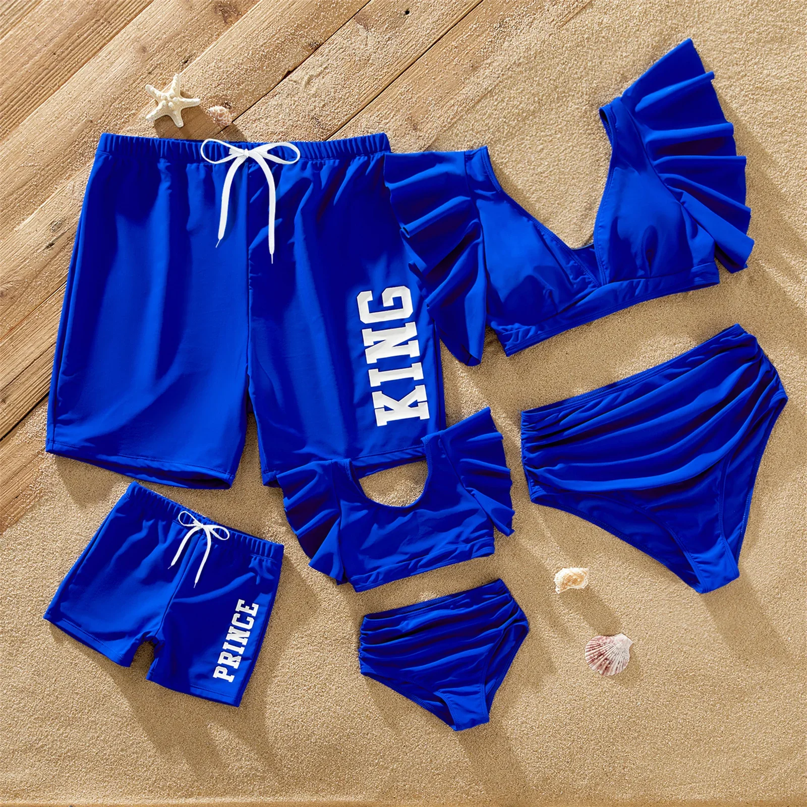 PatPat-Maillot de bain deux pièces à bordure à volants bleue assortie pour la famille, maillot de bain imprimé lettre, adapté à la saison d'été