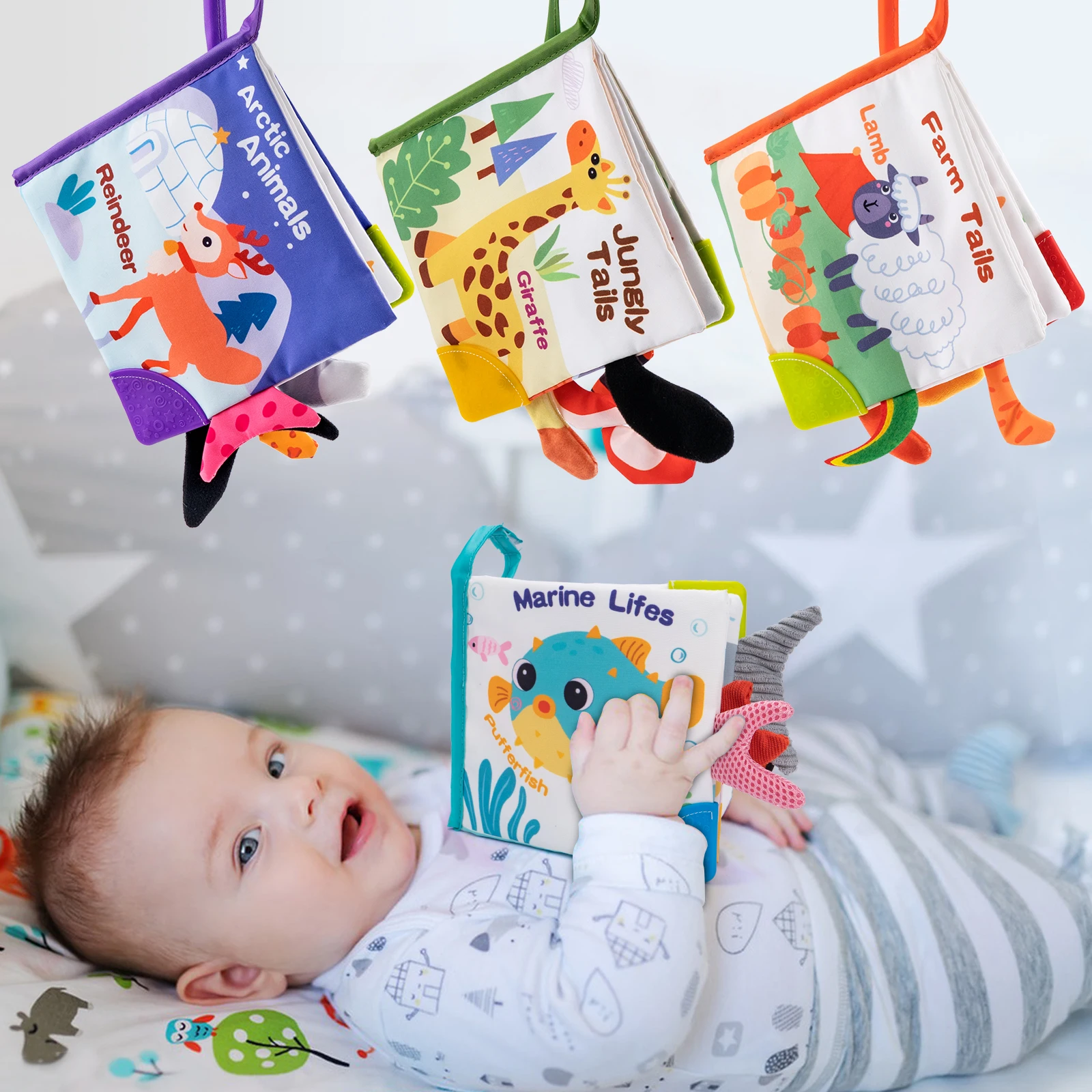 ﻿ Livre en tissu à queue visuelle 3D, livre en tissu doux, son de bruissement, jouets éducatifs Montessori résistants aux déchirures pour bébé de 0 à 12 mois, cadeaux pour bébé