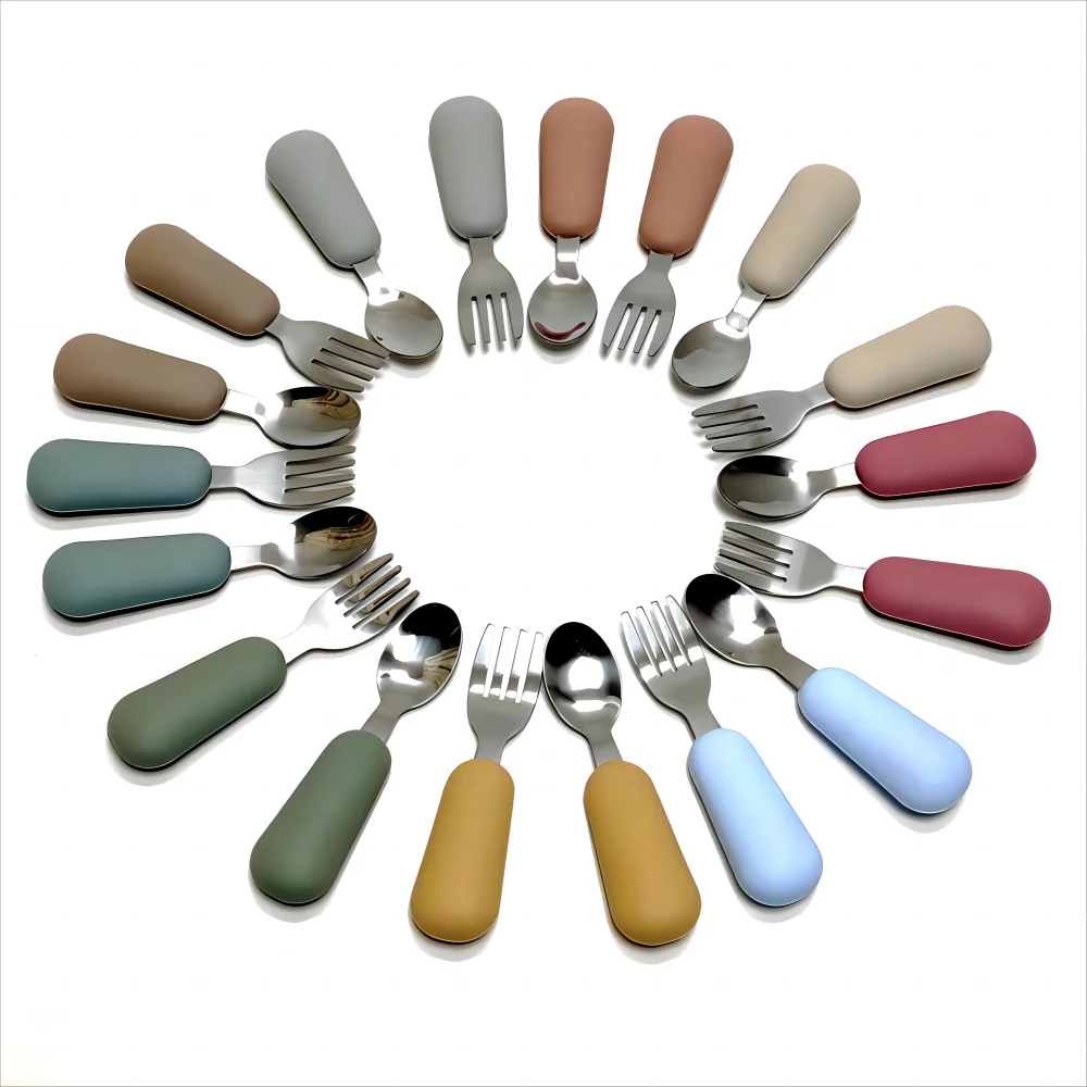 Ensemble de cuillères fourchettes pour enfants, cuillère fourchette pour bébé, manche court, fourchette en Silicone en acier inoxydable, cuillère fourchette supplémentaire pour bébé