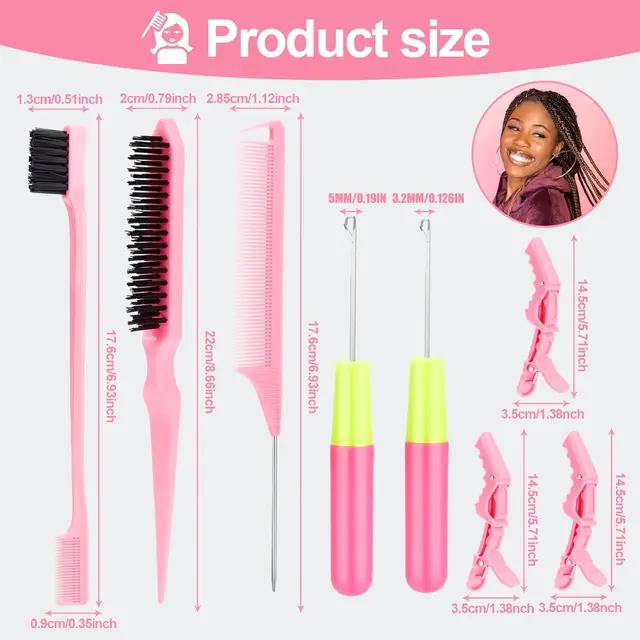 Ensemble de crochets pour cheveux – 2 aiguilles à crochet, brosse à bord, brosse à poils, peigne à queue de rat, 3 pinces Gator pour extensions de cheveux torsadées – Image 2