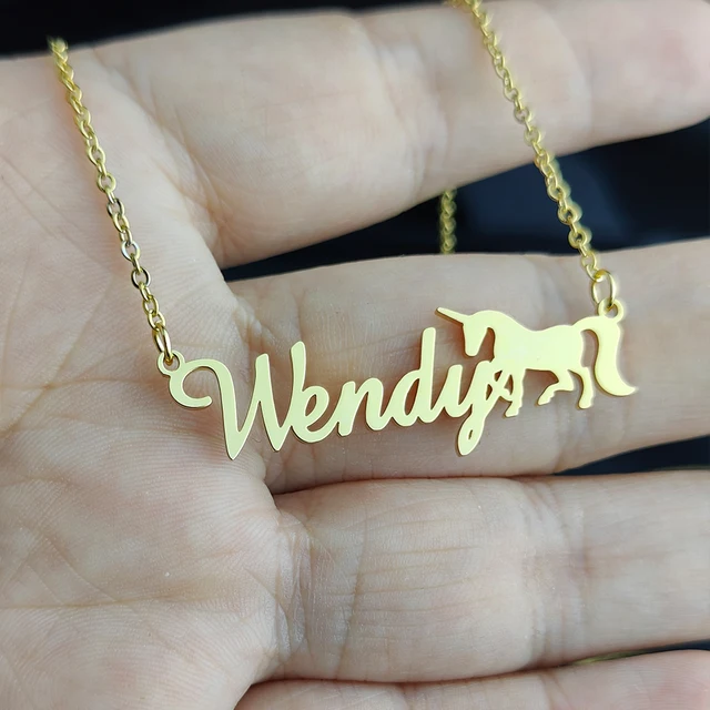 Collier personnalisé avec nom, pendentif de dessin animé, plaque signalétique, en acier inoxydable, doré, cadeau d'anniversaire pour enfants – Image 2