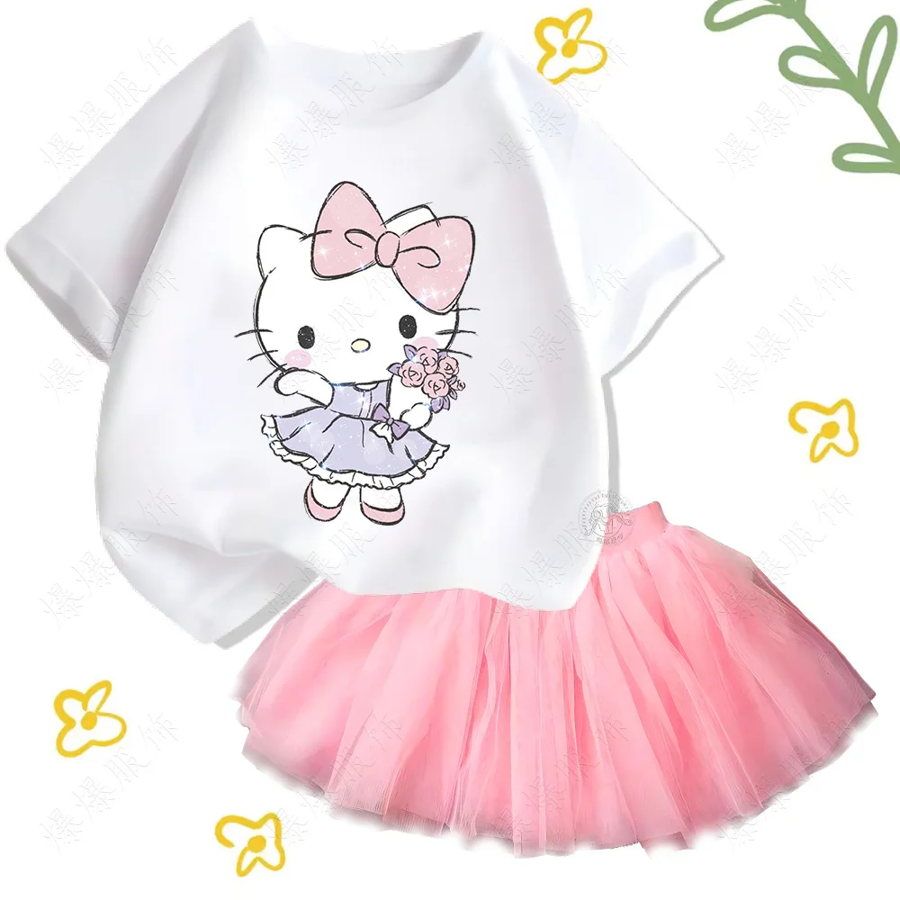 T-shirt multicolore en pur coton pour enfants, confortable, imprimé Sanurgente, Hello Kitty, décontracté, jupe courte de danse pour filles