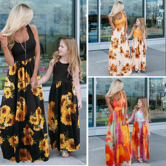 FibrMother-Robes assorties pour filles et femmes, ensemble familial, vêtements tournesol, maman et moi, tenues longues, mode