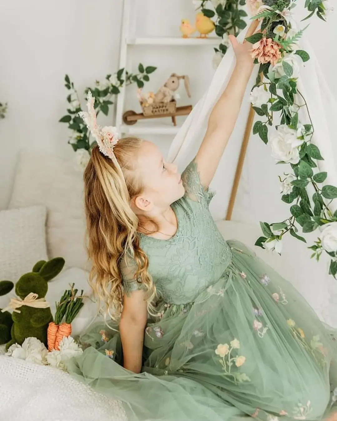 Meet Romance 2024 robe de fille en dentelle à TULLE brodée florale en SAGE bords festonnés jupe en Tulle robe de demoiselle d'honneur junior