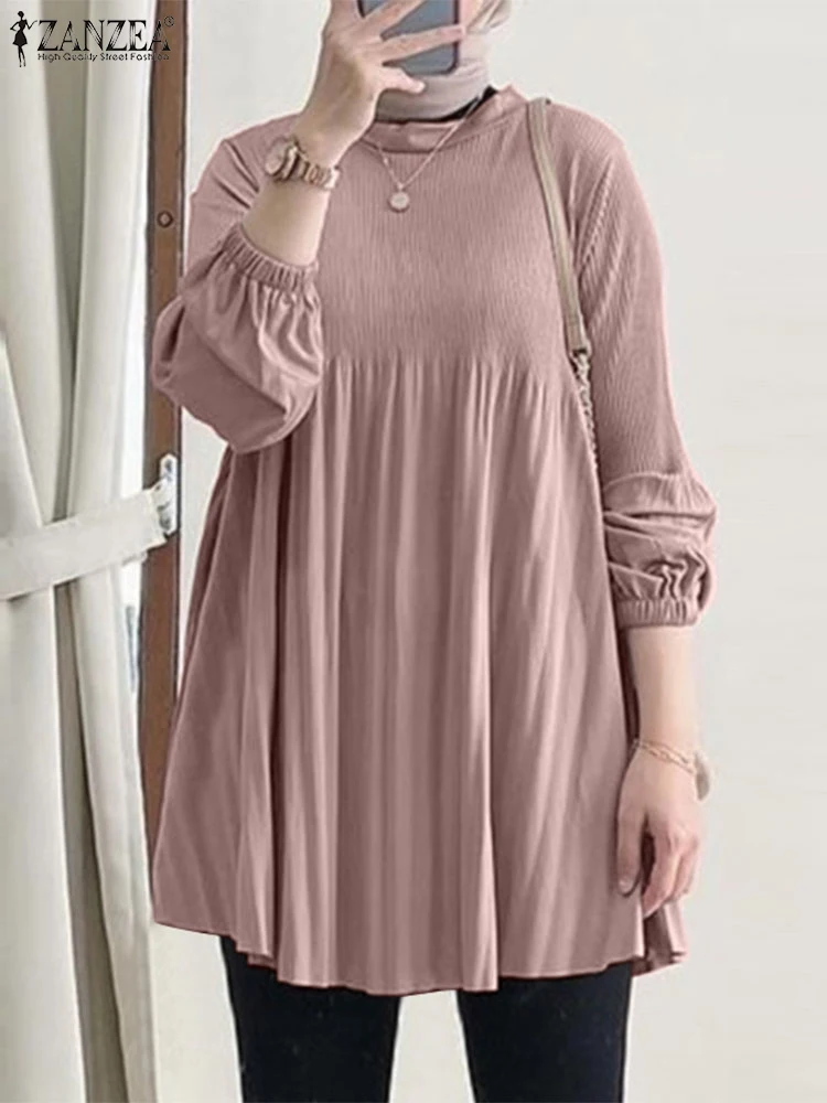 ZANZEA-Chemise de Travail Décontractée pour Femme, Chemisiers Musulmans, Manches sulf, Plissée, Couleur Unie, Turquie, Abaya, Hijab, Automne