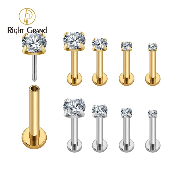 Right Grand ASTM F136 Titane 18G/16G Punaise sans fil Labret Stud CZ Cartilage Boucle d'oreille Helix Tragus Conque Dos plat Boucle d'oreille Nez Stud Piercing Bijoux de corps