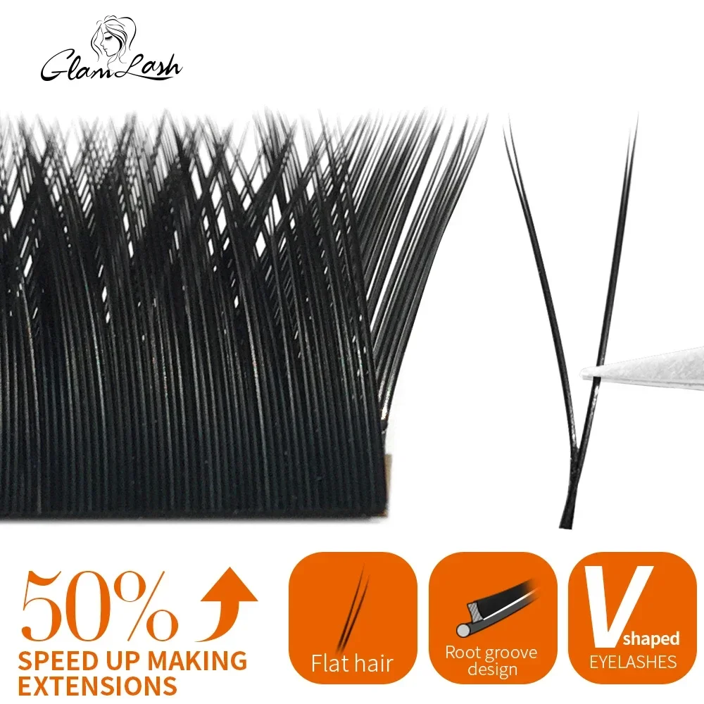 GLAMLASH V forme Auto-Ventilles 2D YY Extension de cils Ellipse douce pointes fendues plates Volume préfabriqué Premium faux cils individuels